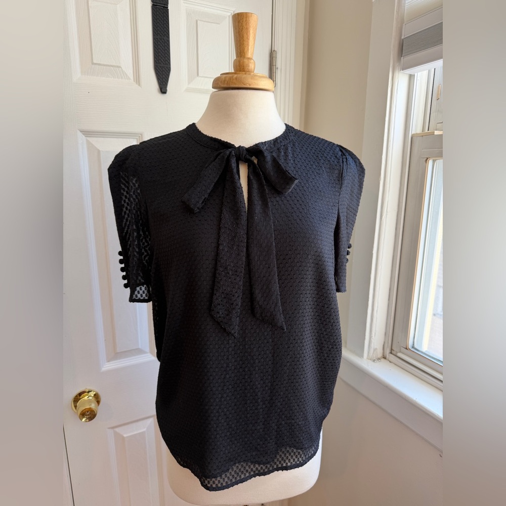 NWOT Calvin Klein Black Textured Blouse with Bow